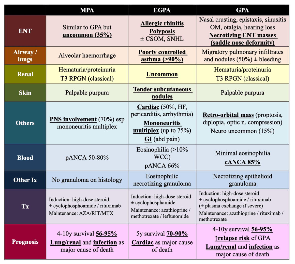 Comparison of GPA, EGPA, and MPA small-vessel vasculitides including ANCA type, histology, and major cause of death